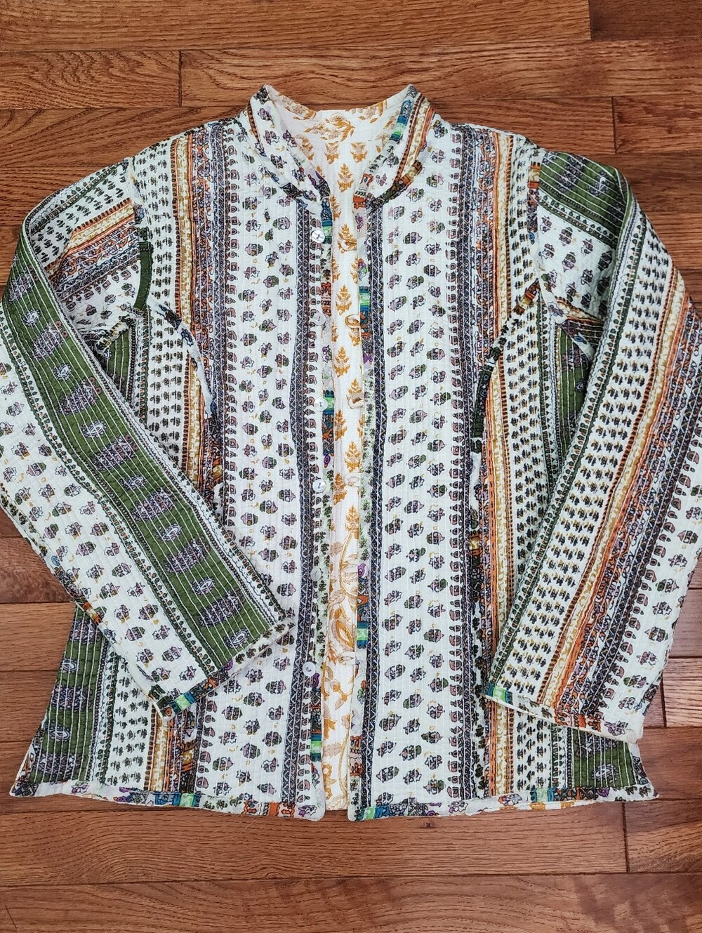 Quilted Floral Print Jacket Floral Orange Cream Boho Cottage Button Up Small